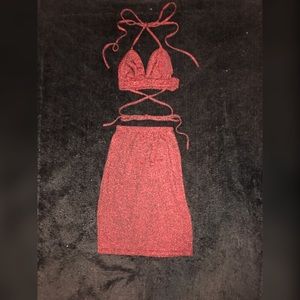 Red skirt and  strappy bralette